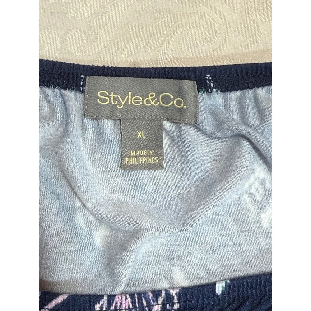 Style & Co Womens XL Navy Blue Floral Ruffle Hem Bell Sleeve Cottagecore Boho
